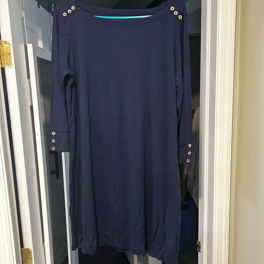 Elegant Navy Blue Dress with Gold Accents